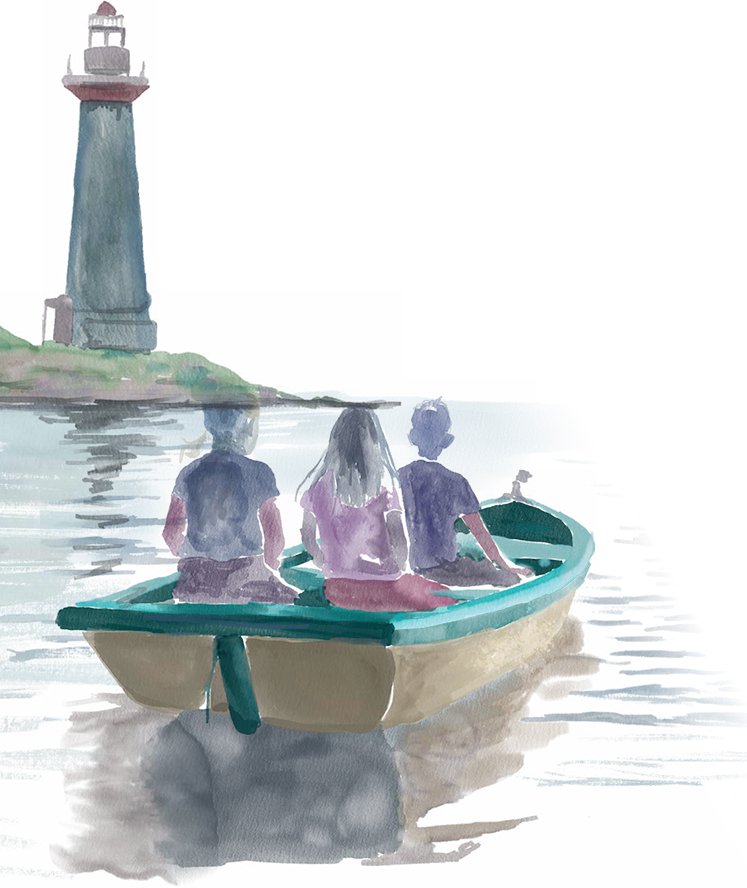 desenho de 3 crianças em um barco sendo guiadas por um farol